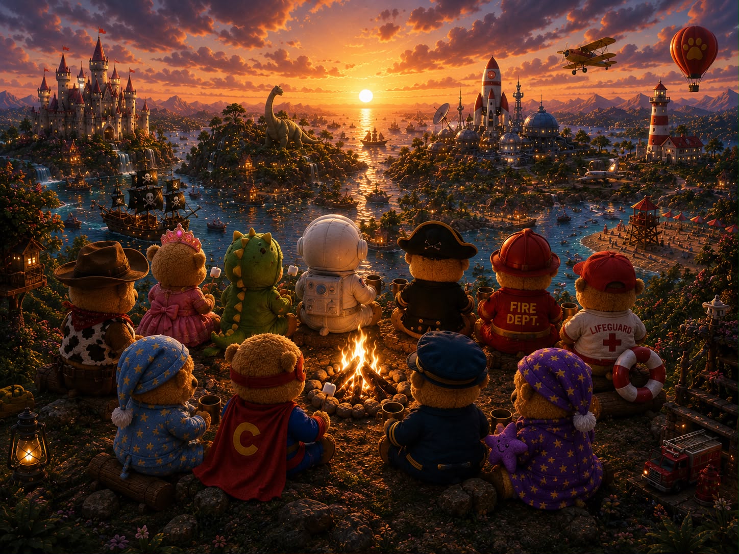 The HappiCapy crew gathered around a campfire at sunset overlooking their world